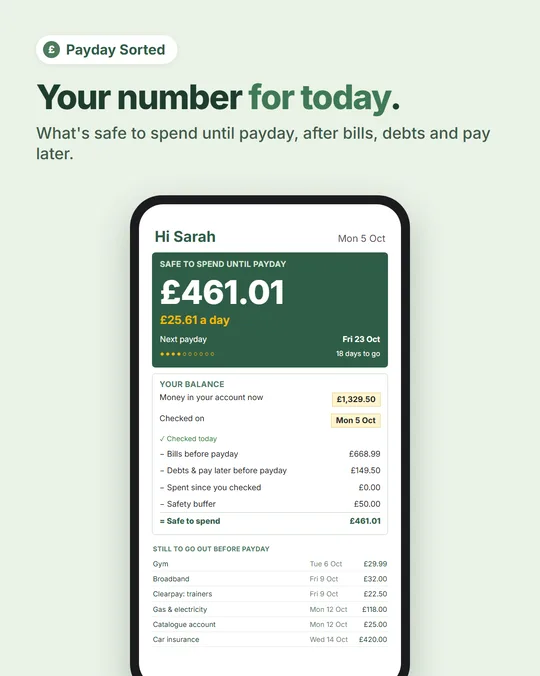 Home: £461.01 safe to spend until payday after bills, debts and pay later.