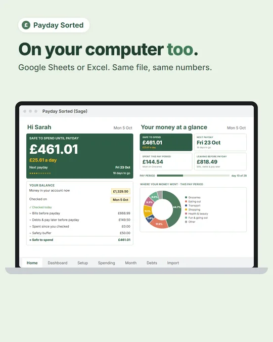 The spreadsheet on a computer: Home and the Dashboard side by side, with all seven tabs.