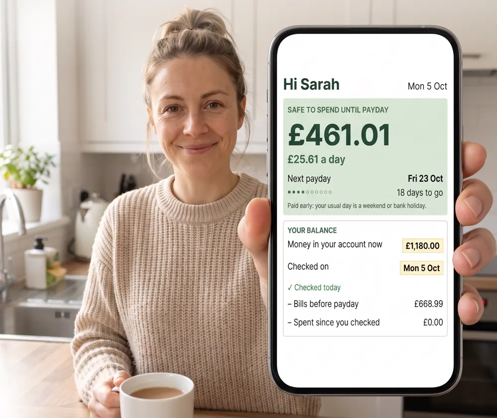 A woman in her kitchen holding up her phone, showing the Payday Sorted Home tab: £461.01 safe to spend until payday, £25.61 a day.